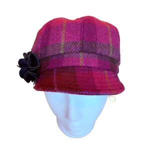Mucros Weavers Wool Tweed Plaid Newsboy Cap Flower Accent Lined Ireland One Size